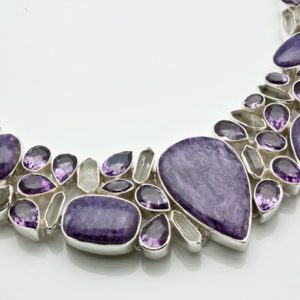 Shop Charoite Necklaces! Sterling Silver Charoite Necklace with Faceted Amethyst and Raw Quartz Accents | Natural genuine Charoite necklaces. Buy crystal jewelry, handmade handcrafted artisan jewelry for women.  Unique handmade gift ideas. #jewelry #beadednecklaces #beadedjewelry #gift #shopping #handmadejewelry #fashion #style #product #necklaces #affiliate #ad