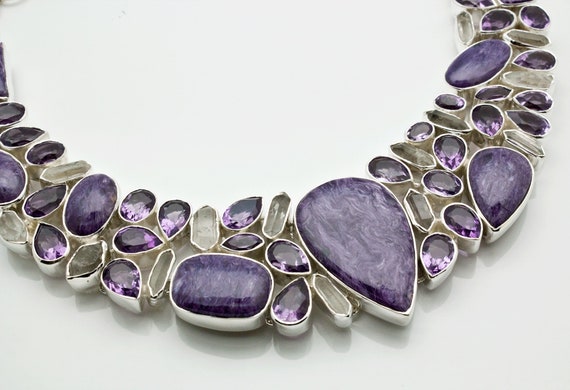 Sterling Silver Charoite Necklace With Faceted Amethyst And Raw Quartz Accents