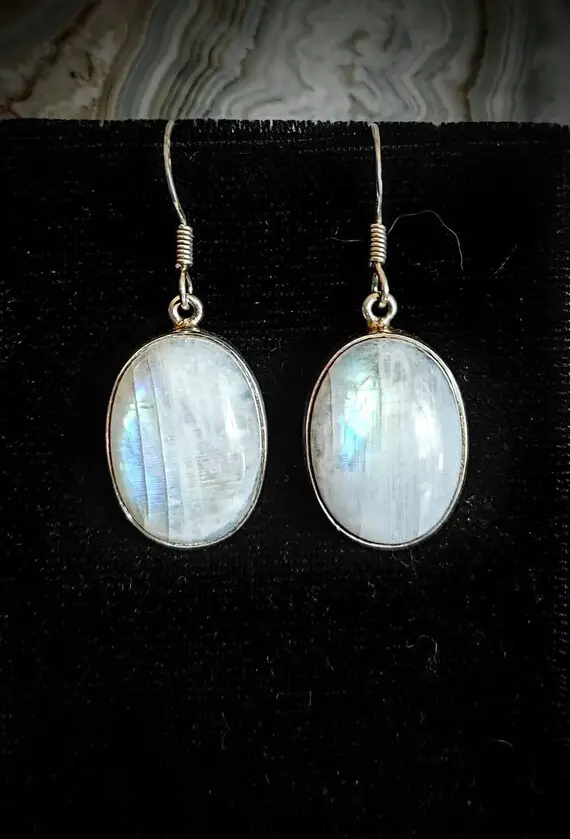 Sterling Silver Finished Oval Rainbow Moonstone Earrings 18x13mm