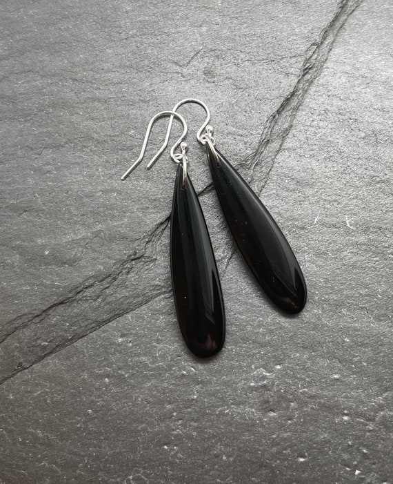 Sterling Silver Obsidian Earrings, Black Obsidian Teardrop Earrings, Natural Obsidian Protection Gemstone