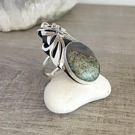 Sterling Silver Ring With Natural Agate Stone,  Moss Agate Ring, Adjustable Ring For Women, Large Ring Silver Made In Armenia