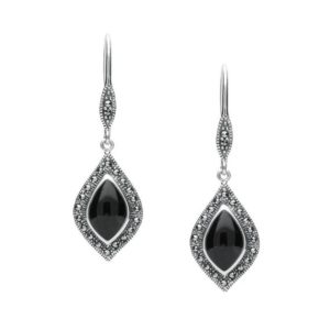 Shop Jet Earrings! Sterling Silver Whitby Jet Marcasite Pointed Pear Hook Earrings | Natural genuine Jet earrings. Buy crystal jewelry, handmade handcrafted artisan jewelry for women.  Unique handmade gift ideas. #jewelry #beadedearrings #beadedjewelry #gift #shopping #handmadejewelry #fashion #style #product #earrings #affiliate #ad