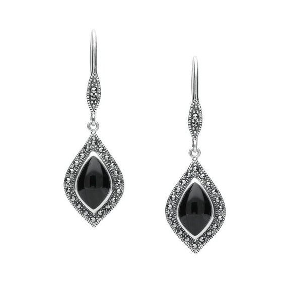 Sterling Silver Whitby Jet Marcasite Pointed Pear Hook Earrings
