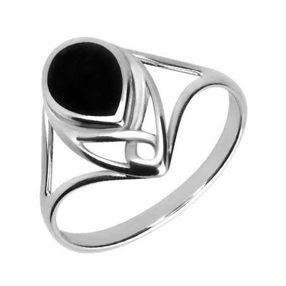 Sterling Silver Whitby Jet Pear Shaped Celtic Ring