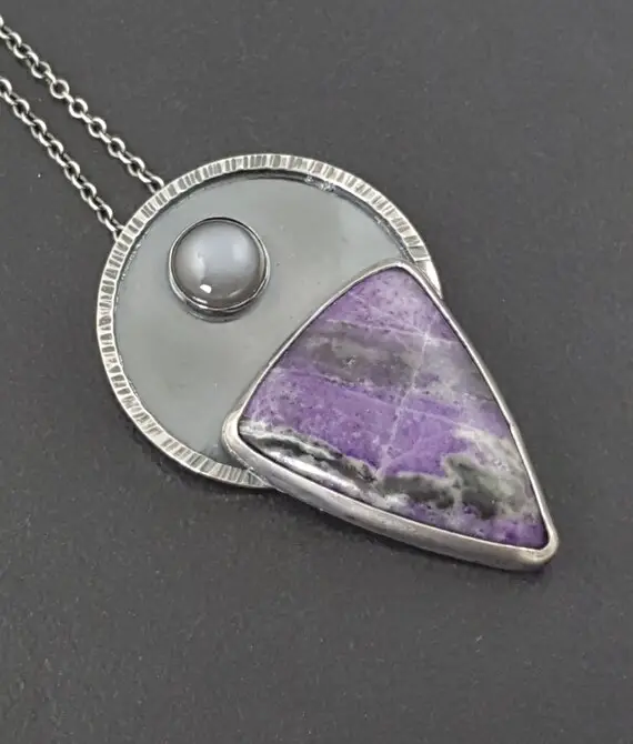 Sugilite Necklace Sterling Silver Gray Moonstone Michele Grady Statement Jewelry Purple Stone Pendant Handmade