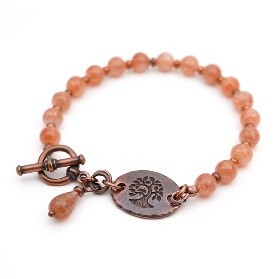 Sunstone Tree Bracelet, Semiprecious Stone Beads, Warm Golden Orange Copper Earthtones, 7 3/4 Inches, Fits 6 1/2" Wrist