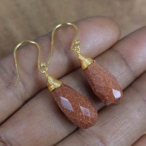 Shop Sunstone Earrings! Cut Red Sunstone 925 Sterling Silver 18 Carat Gold Overlay Gemstone 1 PAIR Drop Hook Earring ~ Handmade Jewelry ~ Gift For Christmas | Natural genuine Sunstone earrings. Buy crystal jewelry, handmade handcrafted artisan jewelry for women.  Unique handmade gift ideas. #jewelry #beadedearrings #beadedjewelry #gift #shopping #handmadejewelry #fashion #style #product #earrings #affiliate #ad