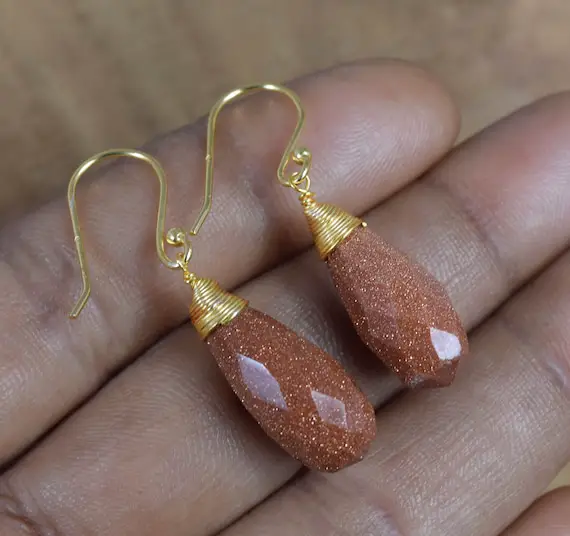 Cut Red Sunstone 925 Sterling Silver 18 Carat Gold Overlay Gemstone 1 Pair Drop Hook Earring ~ Handmade Jewelry ~ Gift For Christmas