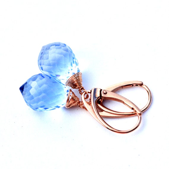 Lab Made Tanzanite Earrings 14k Rose Gold Filled, December Birthstone , Wire Wrapped