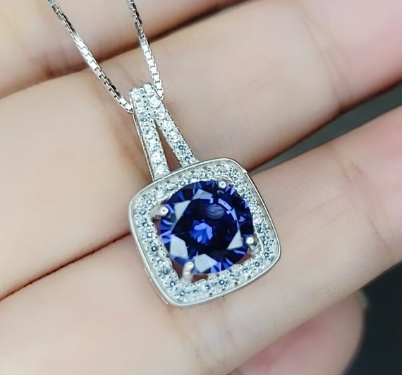 Tanzanite Necklace -sterling Silver Dainty Square Solitaire 8mm Round Lab Created Tanzanite Jewelry #327