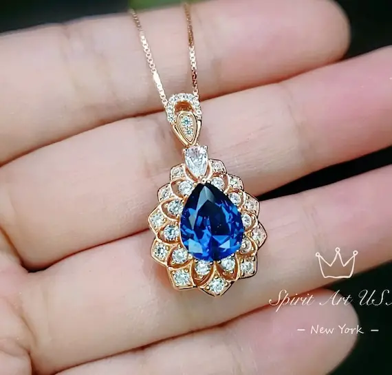 Teardrop Tanzanite Necklace Rose Gold Sterling Silver 3ct Blue Tanzanite Pendant December Birthstone - Layered Lily Flower #751