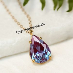 Shop Alexandrite Jewelry! Teardrop Cut Alexandrite Necklace For Women- Color Changing Gemstone Pendant- Alexandrite Pendant in 14K Gold Plated | Natural genuine Alexandrite jewelry. Buy crystal jewelry, handmade handcrafted artisan jewelry for women.  Unique handmade gift ideas. #jewelry #beadedjewelry #beadedjewelry #gift #shopping #handmadejewelry #fashion #style #product #jewelry #affiliate #ad
