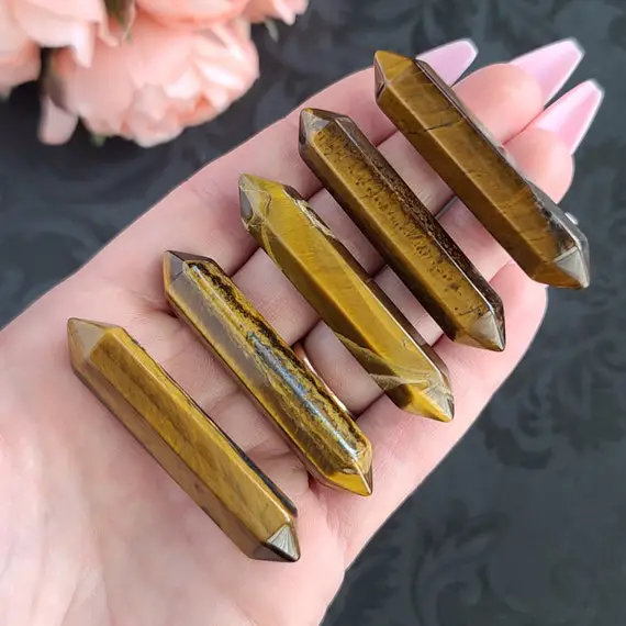 Tiger's Eye Double Terminated Crystal Points 2.2", Bulk Lots Of Dt Wands For Jewelry Making Or Crystal Grids