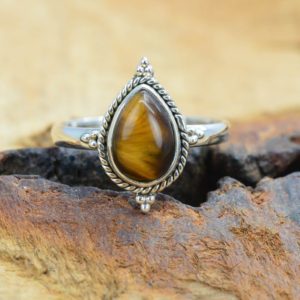 Shop Tiger Eye Rings! Tiger Eye 925 Sterling Silver Pear Shape Ring | Natural genuine Tiger Eye rings, simple unique handcrafted gemstone rings. #rings #jewelry #shopping #gift #handmade #fashion #style #affiliate #ad