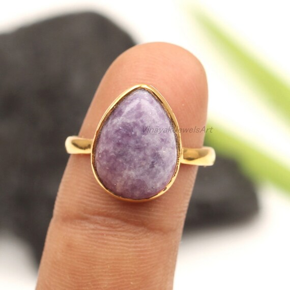 Top Quality Lepidolite Gemstone Ring - 925 Sterling Silver Ring - 18k Micron Gold Plated Ring - 10x14mm Smooth Pear Ring - Thanksgiving Ring