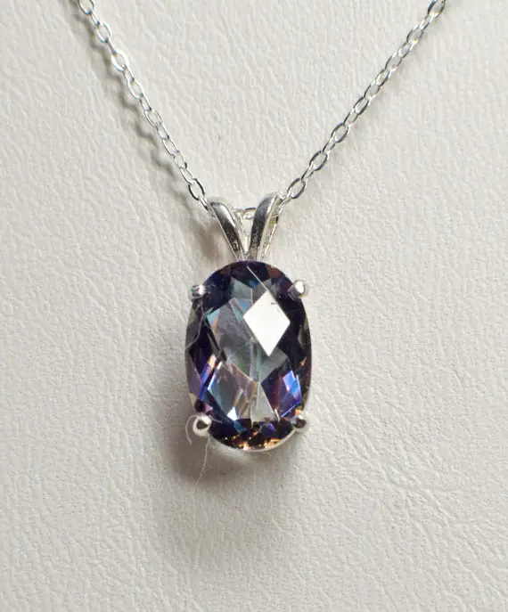 Mystic Topaz Pendant, 12x8mm Checkerboard Cut Faceted Oval Genuine Gemstone, .925 Sterling Silver Pendant With 18inch Chain Included