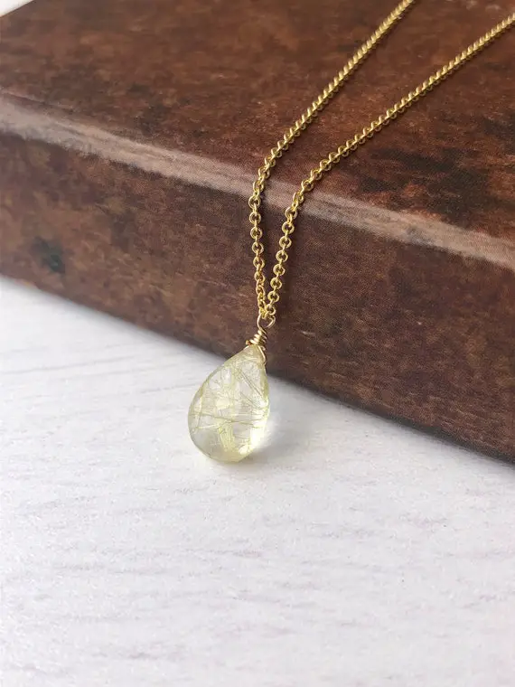 Rutilated Quartz Necklace, Tourmalinated Quartz Drop Pendant, Minimalist Jewelry, Teardrop Layering Drop Gold Or Silver, Golden Gift For Her