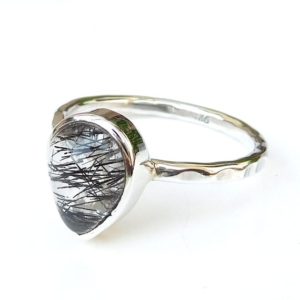 Black Rutile Ring, Tourmalated quartz Ring, Pear Gemstone Ring, Handmade Ring, Hammered band Ring, 925 Sterling Silver Ring, Rings-U007 | Natural genuine Gemstone rings, simple unique handcrafted gemstone rings. #rings #jewelry #shopping #gift #handmade #fashion #style #affiliate #ad