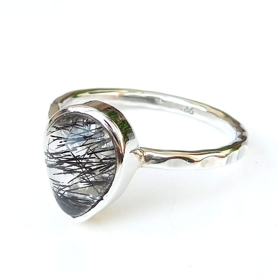 Black Rutile Ring, Tourmalated Quartz Ring, Pear Gemstone Ring, Handmade Ring, Hammered Band Ring, 925 Sterling Silver Ring, Rings-u007
