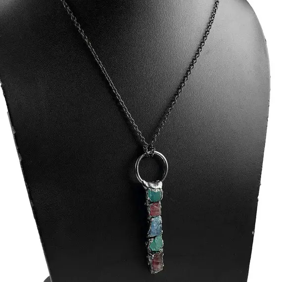 Natural Multi Gemstone Bar Pendant  Aquamarine Pendant  Ruby Pendant  Apatite Pendant  Healing Pendant  Chain Pendant  Womens Jewelry