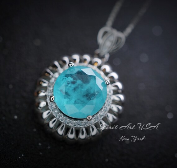 Large Paraiba Necklace - 18kgp @ Sterling Silver - Sunflower Style - 5 Ct Blue Paraiba Tourmaline Pendant #406