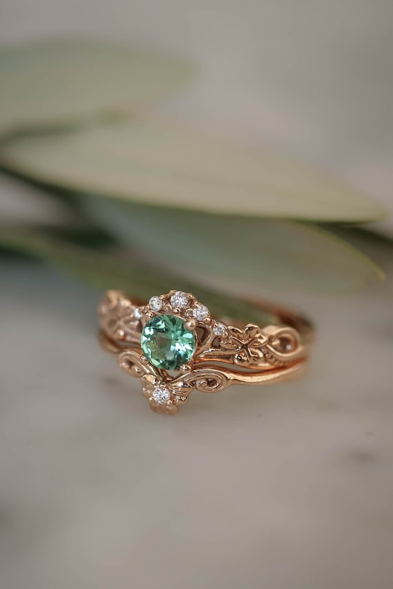 Clover Leaf Ring, Rose Gold Bridal Ring Set, Mint Tourmaline Ring, Nature Engagement Ring, Leaf Engagement Ring, Leaves Ring, Stacking Rings
