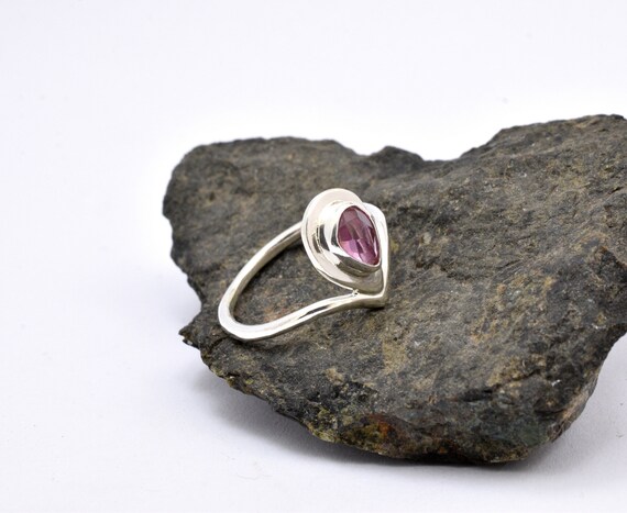 Tourmaline Stone V Ring In Sterling Silver , Chevron Delicate Ring With Pink Gemstone Size 6 1/2, Tourmaline Jewelry Gift