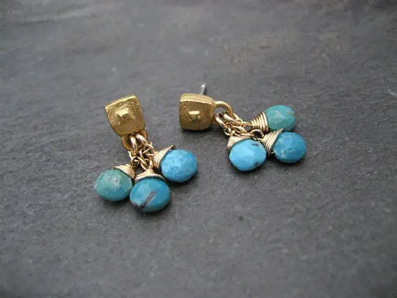 Turquoise Cluster Dangle Earrings, Sleeping Beauty Drops, December Birthstone. Vibrant Aqua Blue Small Earrings