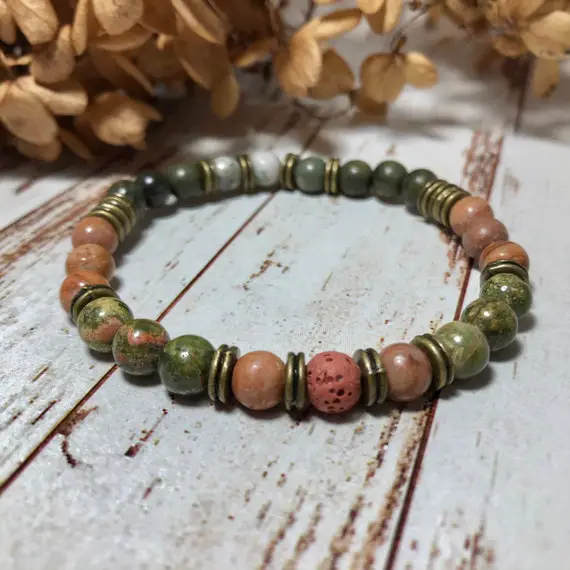 Unakite Bracelet - Green And Pink Bead Bracelet - Double-sided Bracelet - Wood Jasper Bracelet - Bracelet For Woman - Gift For Her