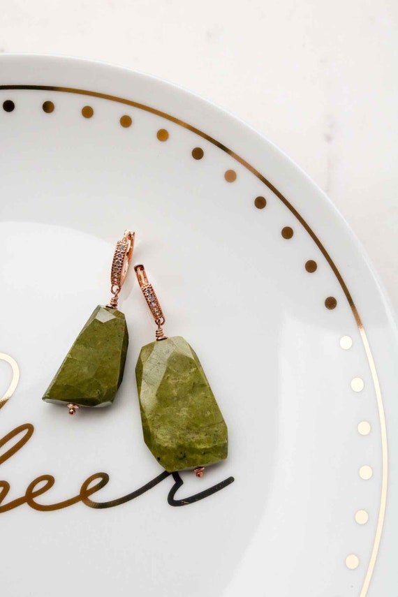 Orecchini In Argento 925 Placcato Oro Rosa - Pietre In Unakite Sfaccettata E Cerchi Con Zirconi - Fatto A Mano In Italia