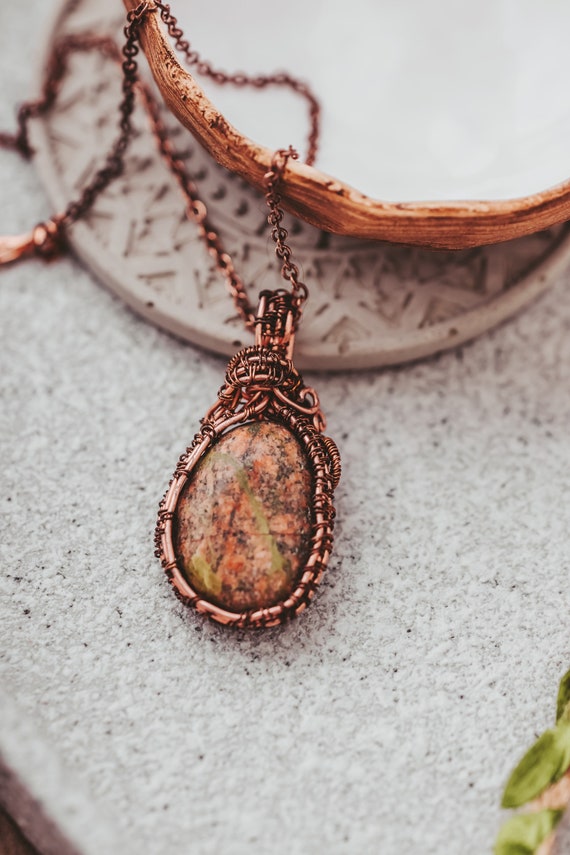 Unakite Necklace, Copper Wire Wrapped Pendant, Birthday Gifts,  Gifts For Women, Pagan Jewelry