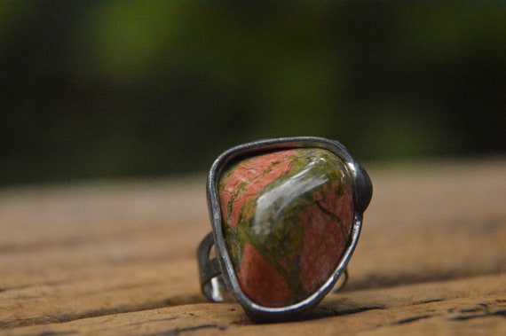 Unakite Ring, Unakite Jasper ,  Stained Glass Method ,  Retro Boho Ring  Rustic Ring ,  Stylized To Old Silver ,  Technique ,ideal Gift