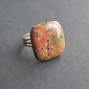Shop Unakite Rings! Unakite Ring, Pink and Green Gemstone, Adjustable Ring Band, Square Stone Jewelry, Ring Size 7 – 9 | Natural genuine Unakite rings, simple unique handcrafted gemstone rings. #rings #jewelry #shopping #gift #handmade #fashion #style #affiliate #ad