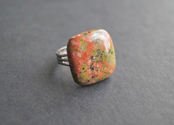 Unakite Ring, Pink And Green Gemstone, Adjustable Ring Band, Square Stone Jewelry, Ring Size 7 - 9