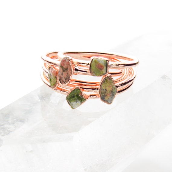 Dainty Unakite Stacking Ring / Genuine Gemstone Copper Electroformed Green Bohemian Jewelry / Gold Silver / Gift For Her / Heart Chakra