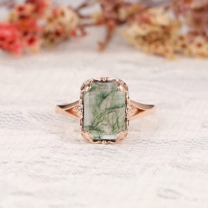 Shop Moss Agate Rings! Unique Design Ring, Delicate Wedding Ring, Solid Gold Bridal Ring, Emerald Cut 8x11mm Moss Agate Ring, Vintage Moss Agate Ring For Women | Natural genuine Moss Agate rings, simple unique alternative gemstone engagement rings. #rings #jewelry #bridal #wedding #jewelryaccessories #engagementrings #weddingideas #affiliate #ad