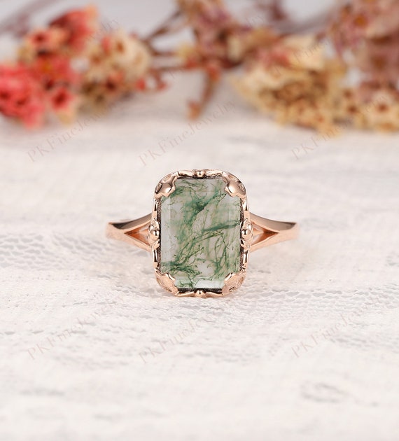 Unique Design Ring, Delicate Wedding Ring, Solid Gold Bridal Ring, Emerald Cut 8x11mm Moss Agate Ring, Vintage Moss Agate Ring For Women