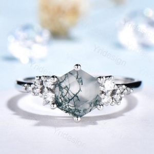 Shop Moss Agate Rings! Unique moss agate ring White gold hexagon engagement ring Alternative Bridal Wedding Ring, Nature Inspired cluster silver ring for women | Natural genuine Moss Agate rings, simple unique alternative gemstone engagement rings. #rings #jewelry #bridal #wedding #jewelryaccessories #engagementrings #weddingideas #affiliate #ad