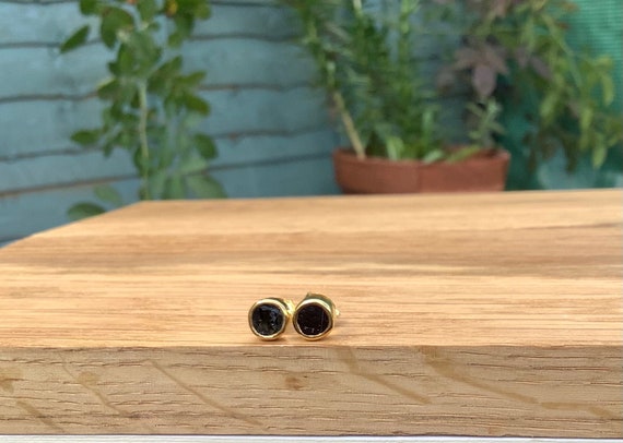 Valentines Gift Idea, Raw Stone Gold Vermeil Studs, Black Tourmaline Earrings, Present For Mum Or Wife