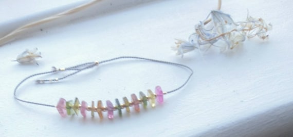 Watermelon Tourmaline  Bracelet, Silk Cord Jewelry With Multi Coloured Gemstones, Bestie Gift