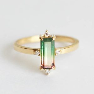 Shop Watermelon Tourmaline Jewelry! Watermelon tourmaline ring, Bicolor engagement ring, Baguette pink green art deco ring | Natural genuine Watermelon Tourmaline jewelry. Buy handcrafted artisan wedding jewelry.  Unique handmade bridal jewelry gift ideas. #jewelry #beadedjewelry #gift #crystaljewelry #shopping #handmadejewelry #wedding #bridal #jewelry #affiliate #ad