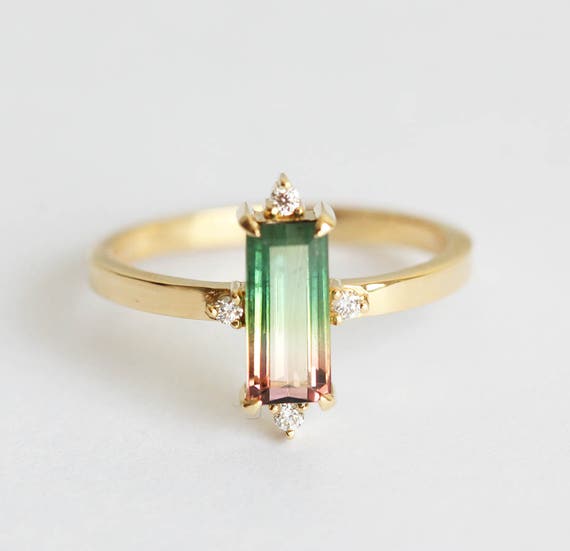 Watermelon Tourmaline Ring, Bicolor Engagement Ring, Baguette Pink Green Art Deco Ring