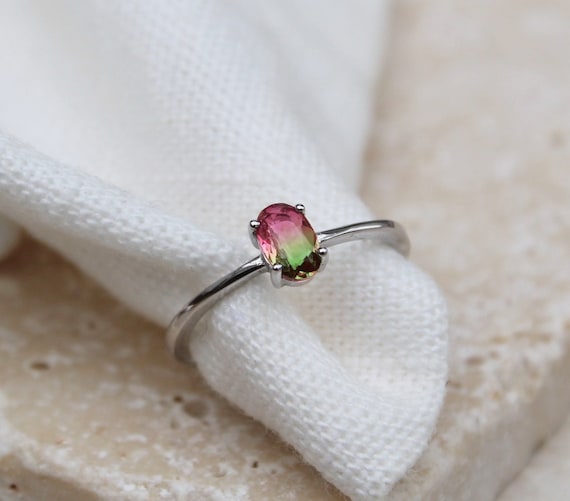 Watermelon Tourmaline Ring , Simulated Tourmaline , Dainty Sterling Silver Ring , Thin Silver Stacking Ring , Small Green Gemstone Ring , Uk