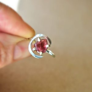 Shop Watermelon Tourmaline Rings! Silver Moon Ring & Watermelon Tourmaline Crystal, Crescent Moon and Red Gemstone Ring, Sterling Silver Half Moon Jewelry for Women, Fits All | Natural genuine Watermelon Tourmaline rings, simple unique handcrafted gemstone rings. #rings #jewelry #shopping #gift #handmade #fashion #style #affiliate #ad