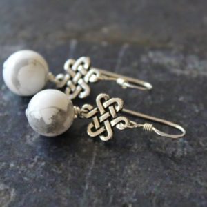 Shop Howlite Earrings! White Howlite Celtic Earrings, Antique Silver Eternity, Sterling Silver, 10mm Howlite Earrings, Celtic Irish Earrings, Howlite Jewelry | Natural genuine Howlite earrings. Buy crystal jewelry, handmade handcrafted artisan jewelry for women.  Unique handmade gift ideas. #jewelry #beadedearrings #beadedjewelry #gift #shopping #handmadejewelry #fashion #style #product #earrings #affiliate #ad