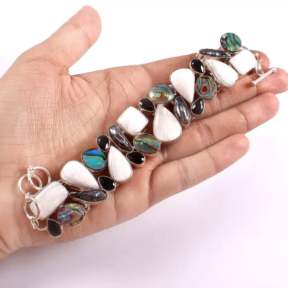 White Scholar Site Abalone Shell Biwa Pearl Black Onyx Bracelet , Unique Designer Jewelry