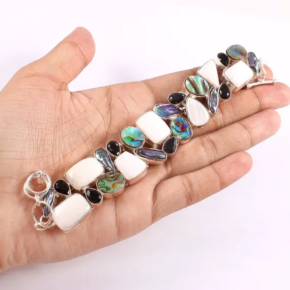 White Scolecite Abalone Shell Biwa Pearl Black Onyx Bracelet , Unique Designer Jewelry