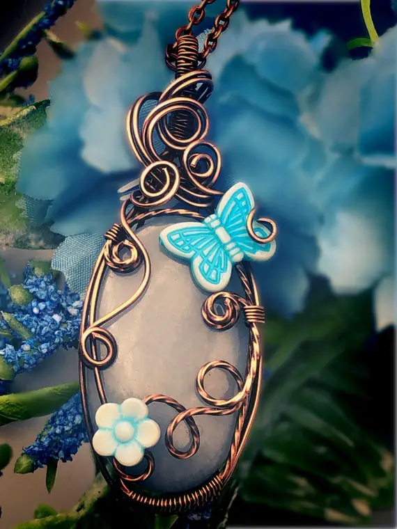 Wire Wrapped Angelite Butterfly Flower Copper Pendant, Butterfly Pendant, Butterfly Jewelry, Angelite Pendant, Angelite Necklace