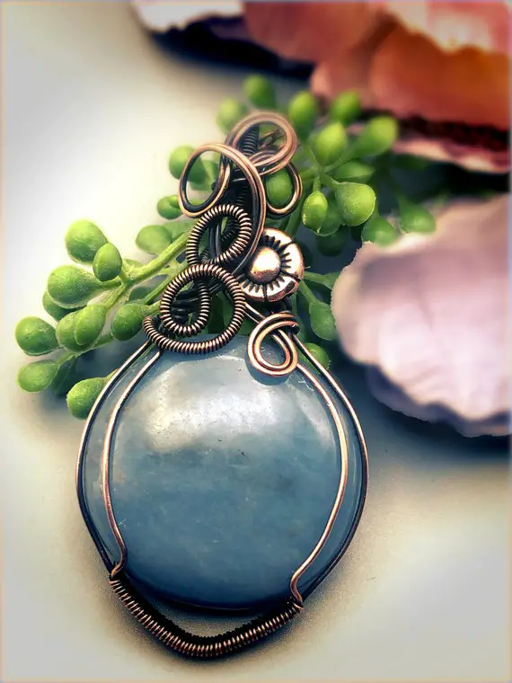 Wire Wrapped Angelite Flower Copper Pendant, Angelite Pendant, Angelite Jewelry, Angelite Necklace, Angelite