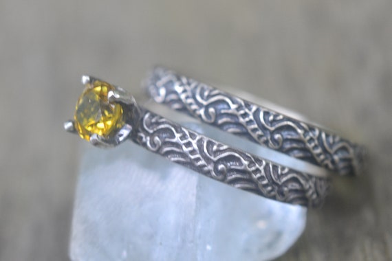 Yellow Sapphire Bridal Set, 5mm Gemstone Engagement Ring, Womens Gothic Oxidised Silver Baroque Wedding Band